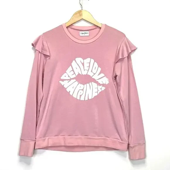 LAUREN MOSHI Peace Love Happiness Lips Graphic Sweatshirt Womens S Pink Ruffles - Picture 2 of 8